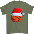 Christmas Basketball With a Santa Hat Xmas Mens T-Shirt 100% Cotton Military Green