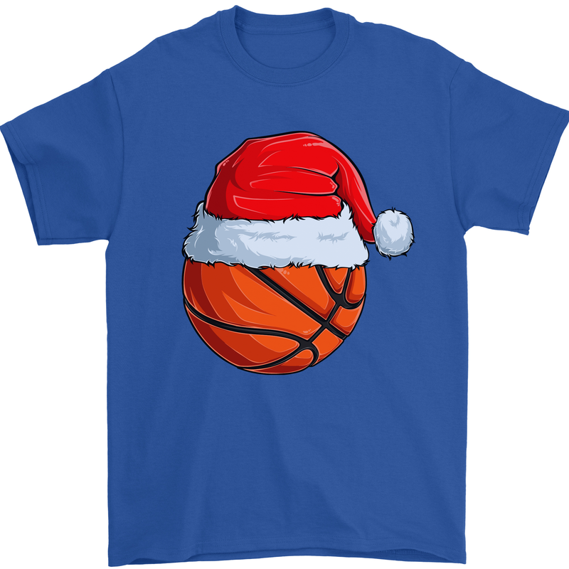 Christmas Basketball With a Santa Hat Xmas Mens T-Shirt 100% Cotton Royal Blue