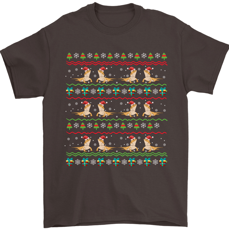 Christmas Bearded Dragon Xmas Reptile Mens T-Shirt 100% Cotton Dark Chocolate