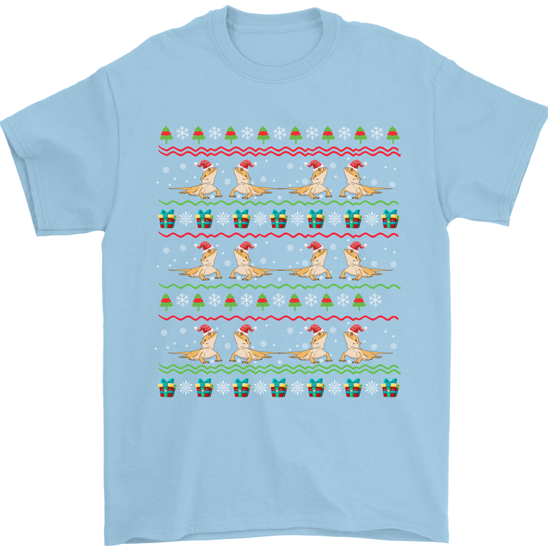 Christmas Bearded Dragon Xmas Reptile Mens T-Shirt 100% Cotton Light Blue