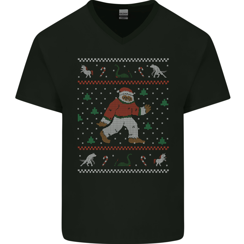 Christmas Bigfoot Funny Xmas Mens V-Neck Cotton T-Shirt Black