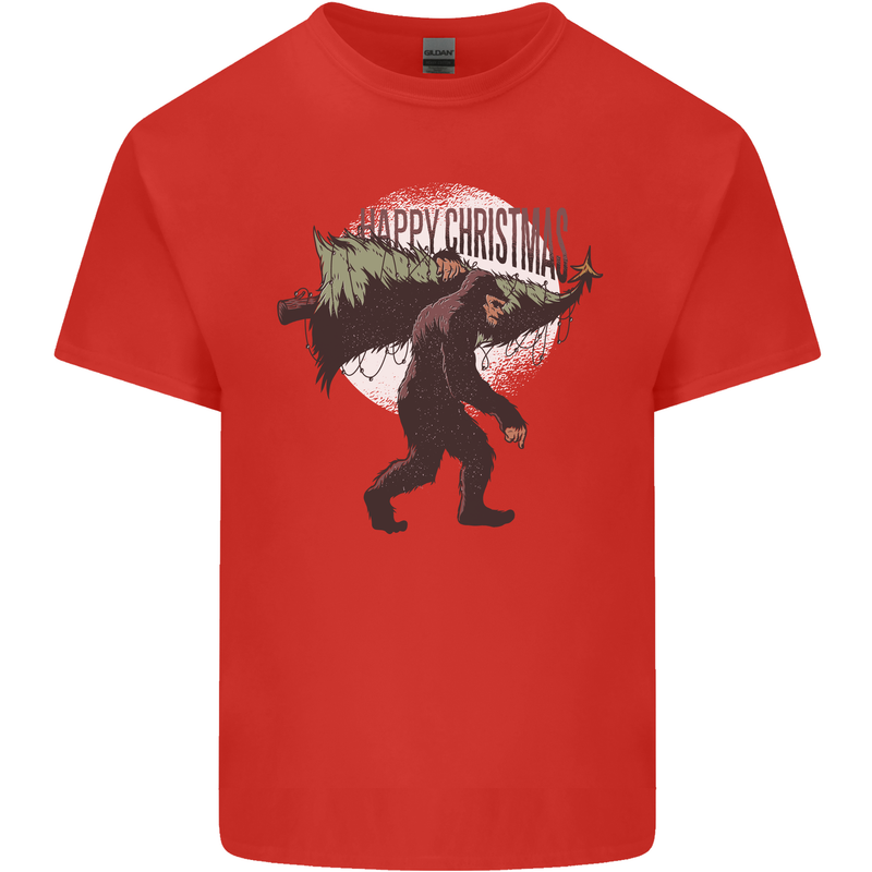 Christmas Bigfoot With an Xmas Tree Mens Cotton T-Shirt Tee Top Red