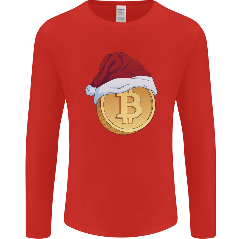 Christmas Bitcoin Wearing a Christmas Hat Crypto Mens Long Sleeve T-Shirt Red