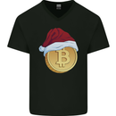 Christmas Bitcoin Wearing a Christmas Hat Crypto Mens V-Neck Cotton T-Shirt Black