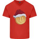 Christmas Bitcoin Wearing a Christmas Hat Crypto Mens V-Neck Cotton T-Shirt Red