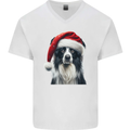 Christmas Border Collie Wearing an Xmas Hat Dog Mens V-Neck Cotton T-Shirt White