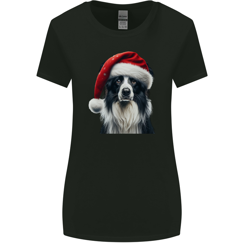 Christmas Border Collie Wearing an Xmas Hat Dog Womens Wider Cut T-Shirt Black