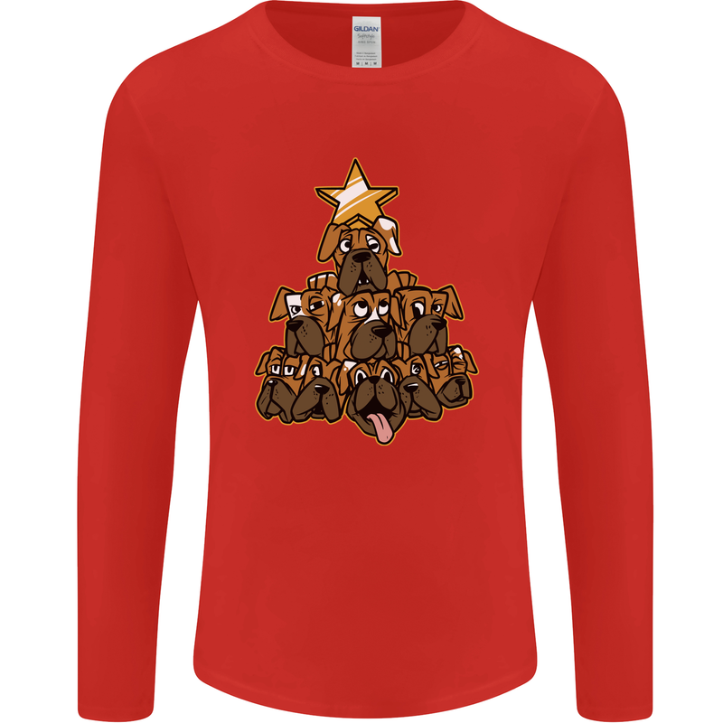 Christmas Boxer Dog Xmas Tree Funny Mens Long Sleeve T-Shirt Red