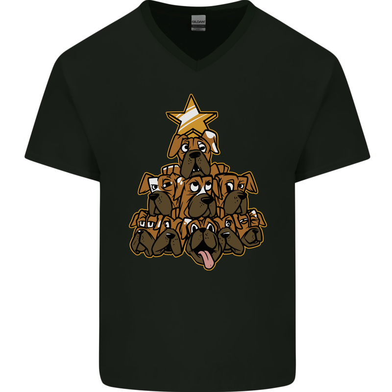 Christmas Boxer Dog Xmas Tree Funny Mens V-Neck Cotton T-Shirt Black