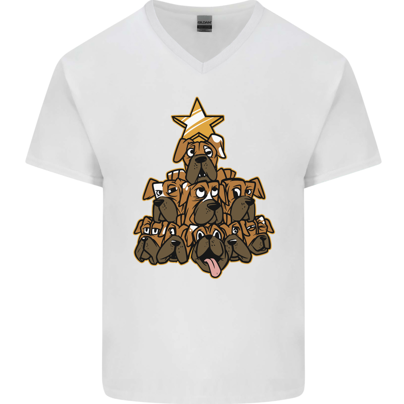 Christmas Boxer Dog Xmas Tree Funny Mens V-Neck Cotton T-Shirt White