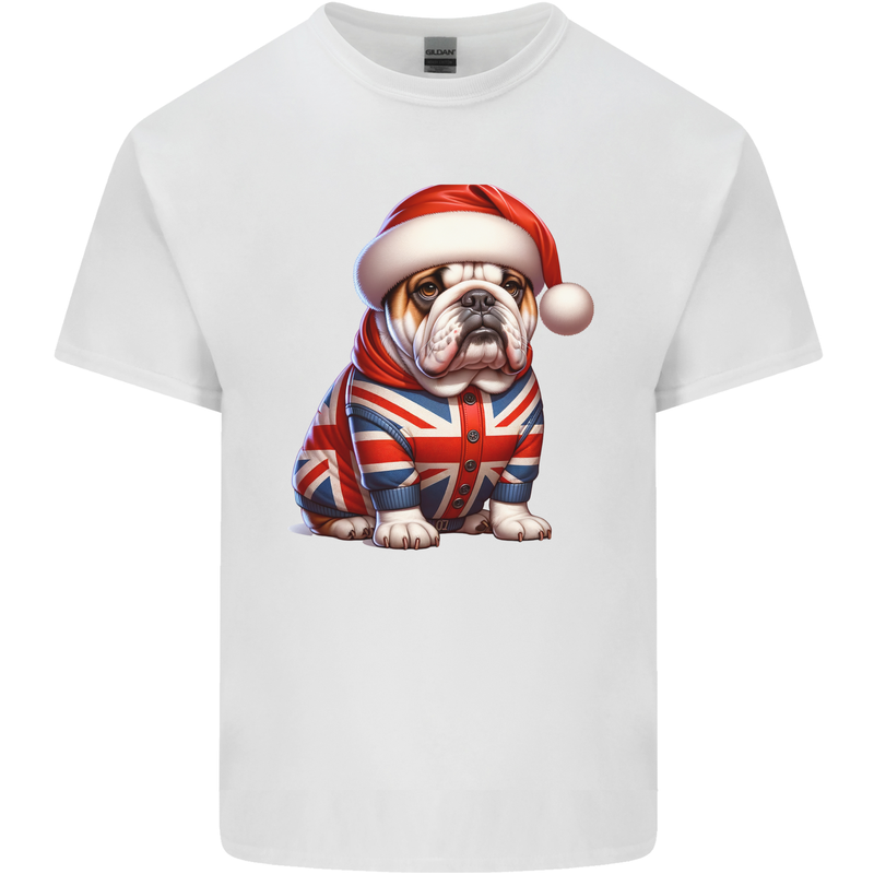 Christmas British Bulldog Union Jack Dog Xmas Mens Cotton T-Shirt Tee Top White