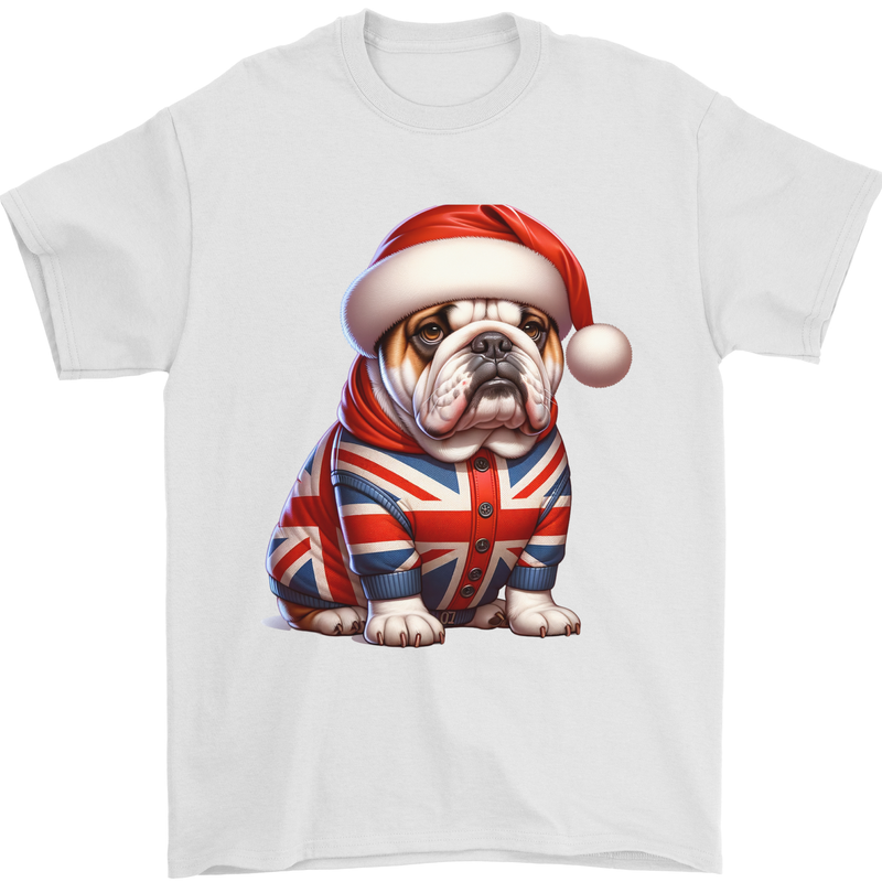Christmas British Bulldog Union Jack Dog Xmas Mens T-Shirt 100% Cotton White