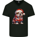 Christmas British Bulldog Union Jack Dog Xmas Mens V-Neck Cotton T-Shirt Black