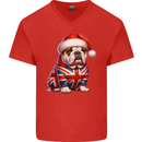 Christmas British Bulldog Union Jack Dog Xmas Mens V-Neck Cotton T-Shirt Red