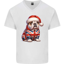 Christmas British Bulldog Union Jack Dog Xmas Mens V-Neck Cotton T-Shirt White