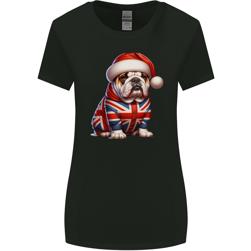 Christmas British Bulldog Union Jack Dog Xmas Womens Wider Cut T-Shirt Black