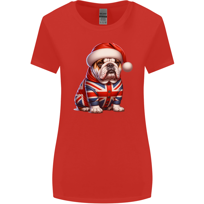 Christmas British Bulldog Union Jack Dog Xmas Womens Wider Cut T-Shirt Red