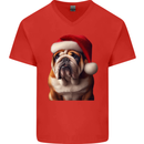 Christmas British Bulldog Union Jack Xmas Dog Mens V-Neck Cotton T-Shirt Red
