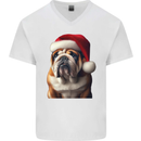 Christmas British Bulldog Union Jack Xmas Dog Mens V-Neck Cotton T-Shirt White