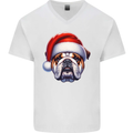 Christmas British Bulldog Xmas Dog Union Jack Mens V-Neck Cotton T-Shirt White
