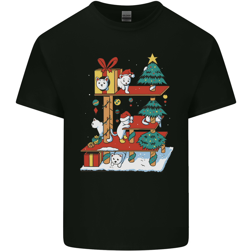Christmas Cat House Funny Winter Xmas Mens Cotton T-Shirt Tee Top Black