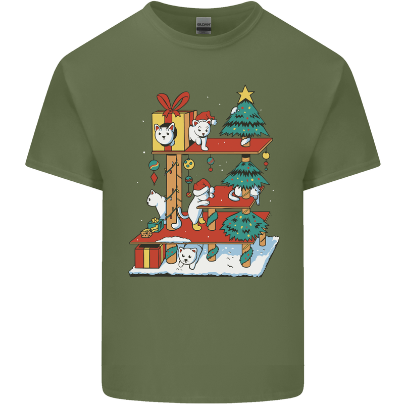 Christmas Cat House Funny Winter Xmas Mens Cotton T-Shirt Tee Top Military Green