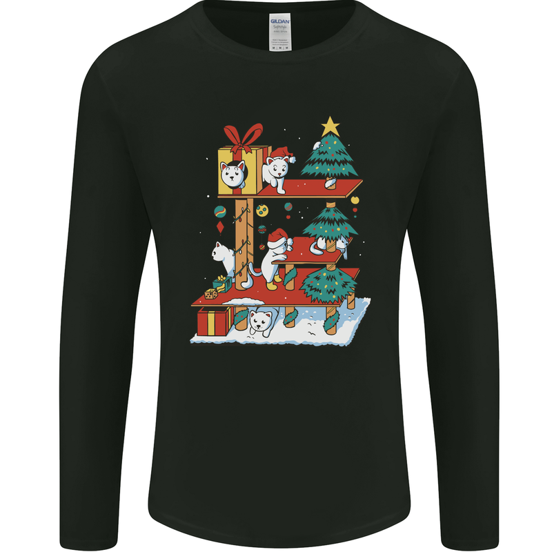 Christmas Cat House Funny Winter Xmas Mens Long Sleeve T-Shirt Black
