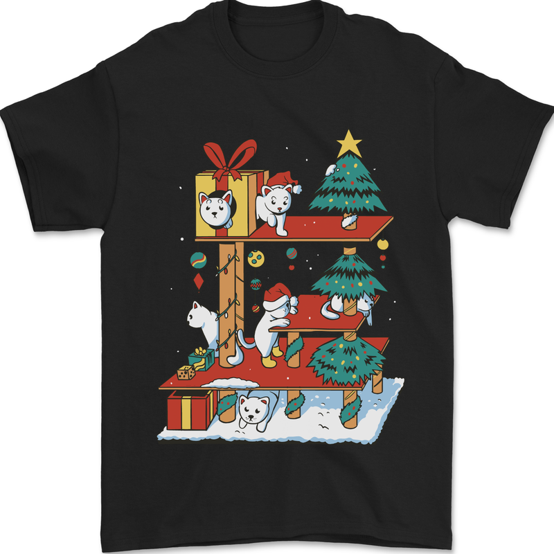 Christmas Cat House Funny Winter Xmas Mens T-Shirt 100% Cotton Black