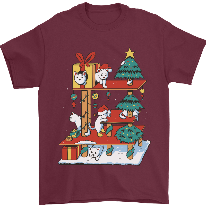Christmas Cat House Funny Winter Xmas Mens T-Shirt 100% Cotton Maroon