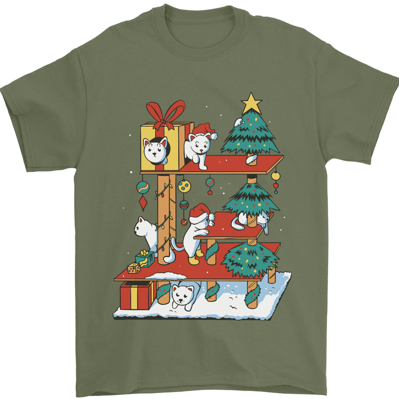 Christmas Cat House Funny Winter Xmas Mens T-Shirt 100% Cotton Military Green