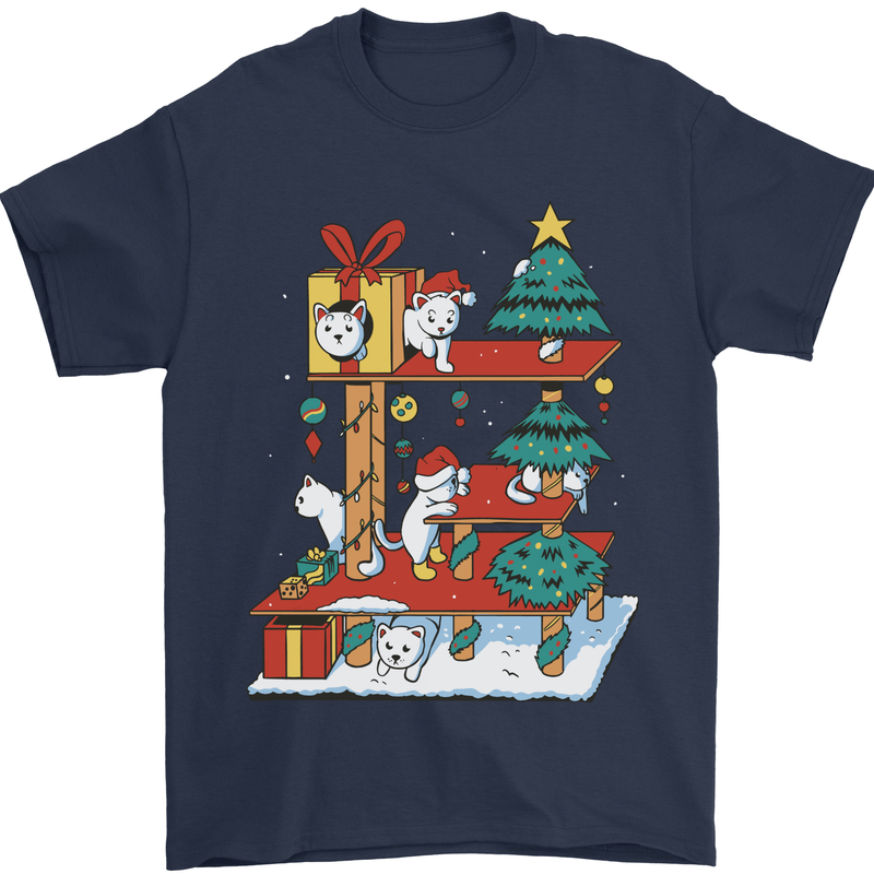 Christmas Cat House Funny Winter Xmas Mens T-Shirt 100% Cotton Navy Blue