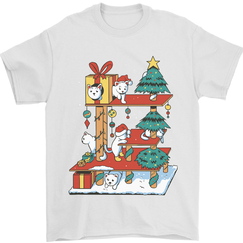 Christmas Cat House Funny Winter Xmas Mens T-Shirt 100% Cotton White