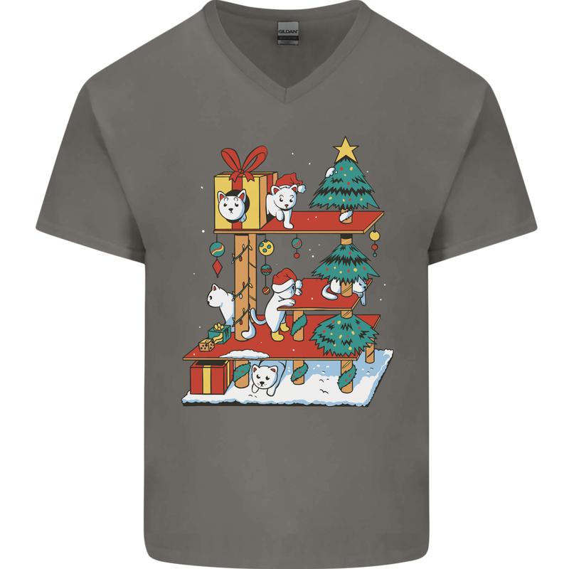 Christmas Cat House Funny Winter Xmas Mens V-Neck Cotton T-Shirt Charcoal