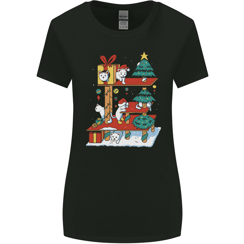 Christmas Cat House Funny Winter Xmas Womens Wider Cut T-Shirt Black