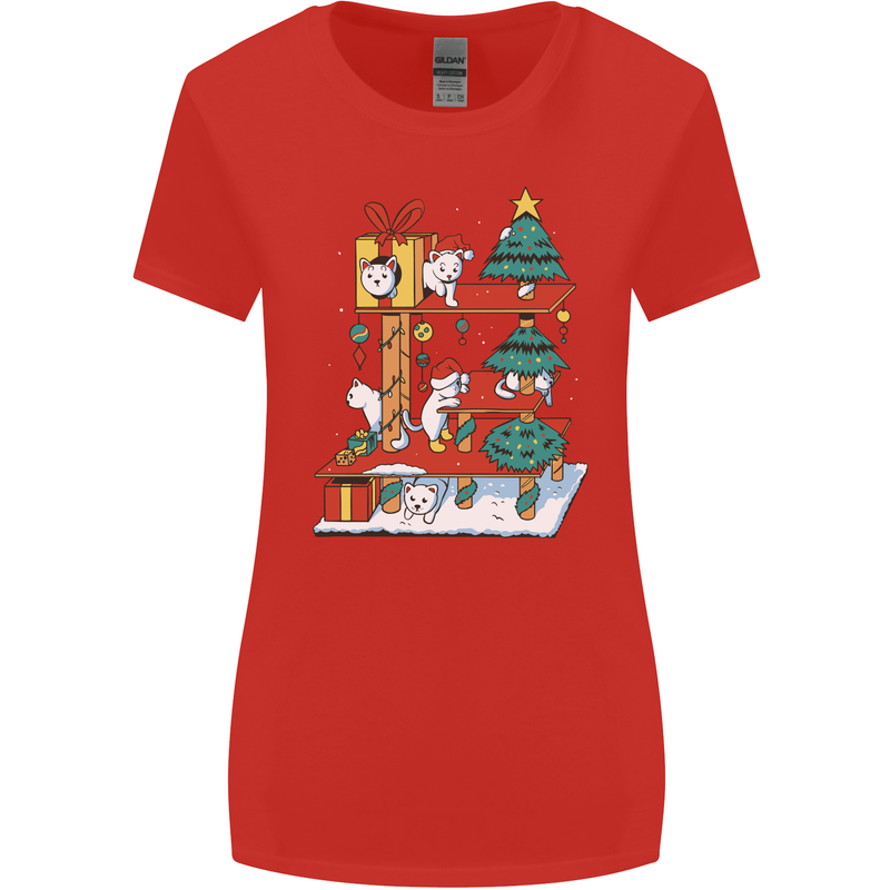 Christmas Cat House Funny Winter Xmas Womens Wider Cut T-Shirt Red