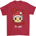 Christmas Cat Meowy Funny Christmas Mens T-Shirt 100% Cotton Red