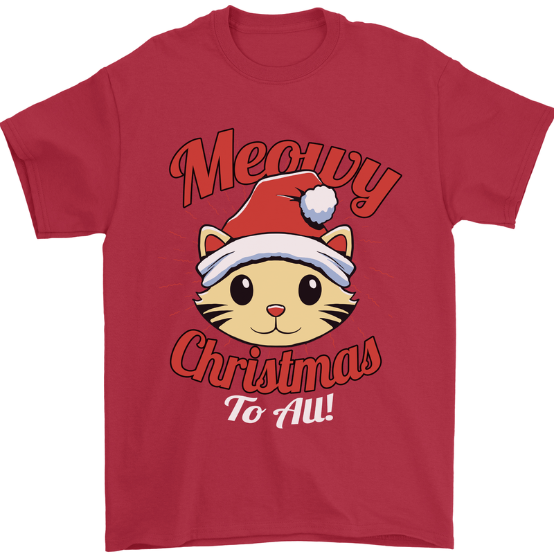 Christmas Cat Meowy Funny Christmas Mens T-Shirt 100% Cotton Red