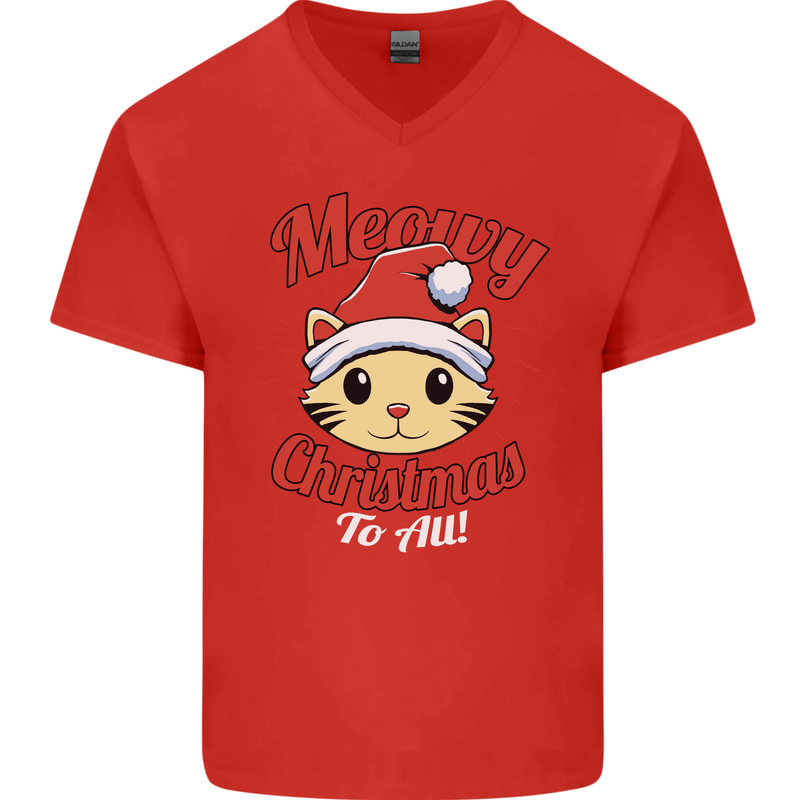 Christmas Cat Meowy Funny Christmas Mens V-Neck Cotton T-Shirt Red