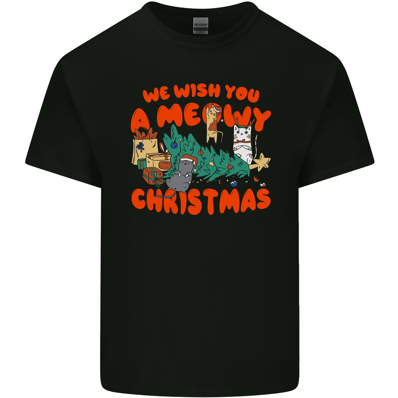 Christmas Cat Meowy Funny Christmas Tree Chaos Mens Cotton T-Shirt Tee Top Black