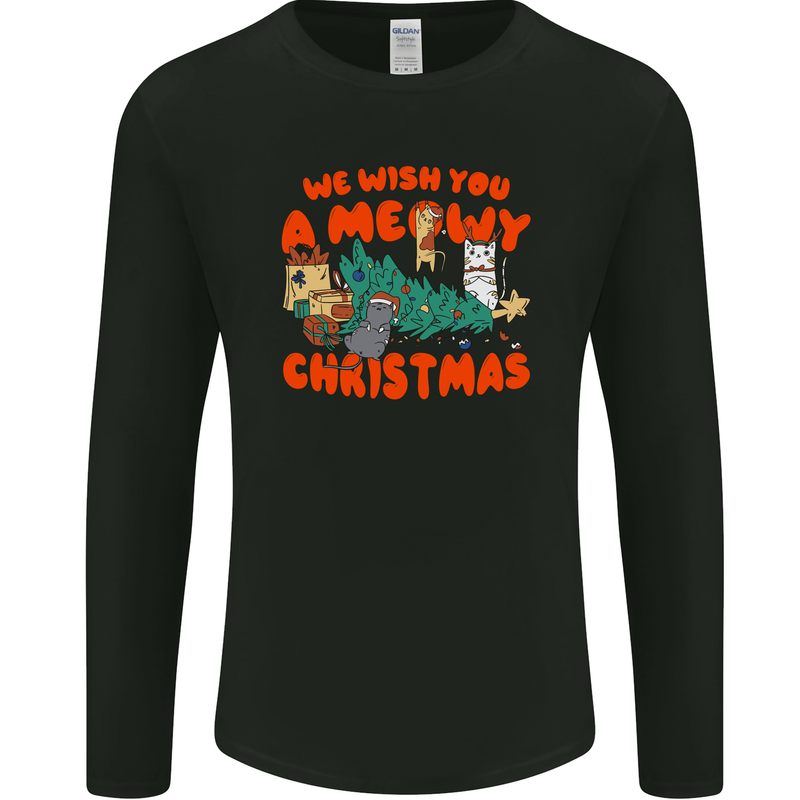 Christmas Cat Meowy Funny Christmas Tree Chaos Mens Long Sleeve T-Shirt Black