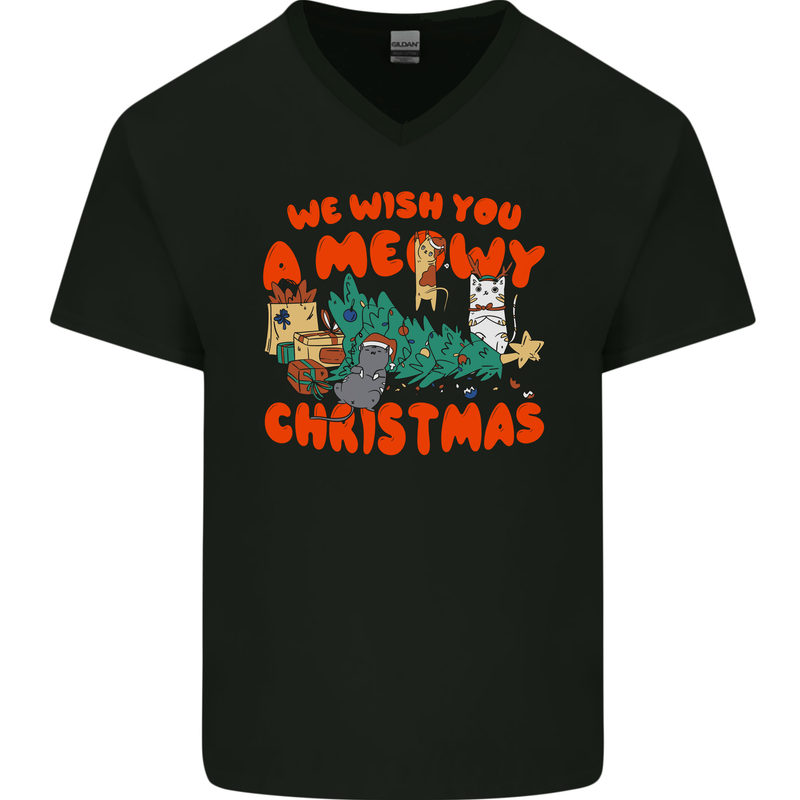 Christmas Cat Meowy Funny Christmas Tree Chaos Mens V-Neck Cotton T-Shirt Black