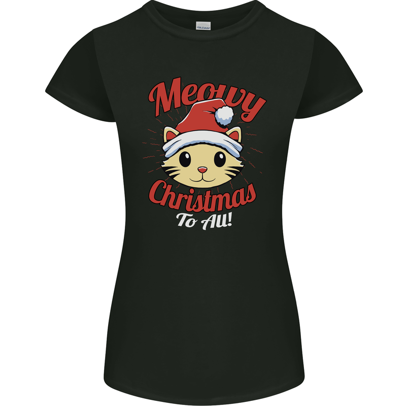 Christmas Cat Meowy Funny Christmas Womens Petite Cut T-Shirt Black