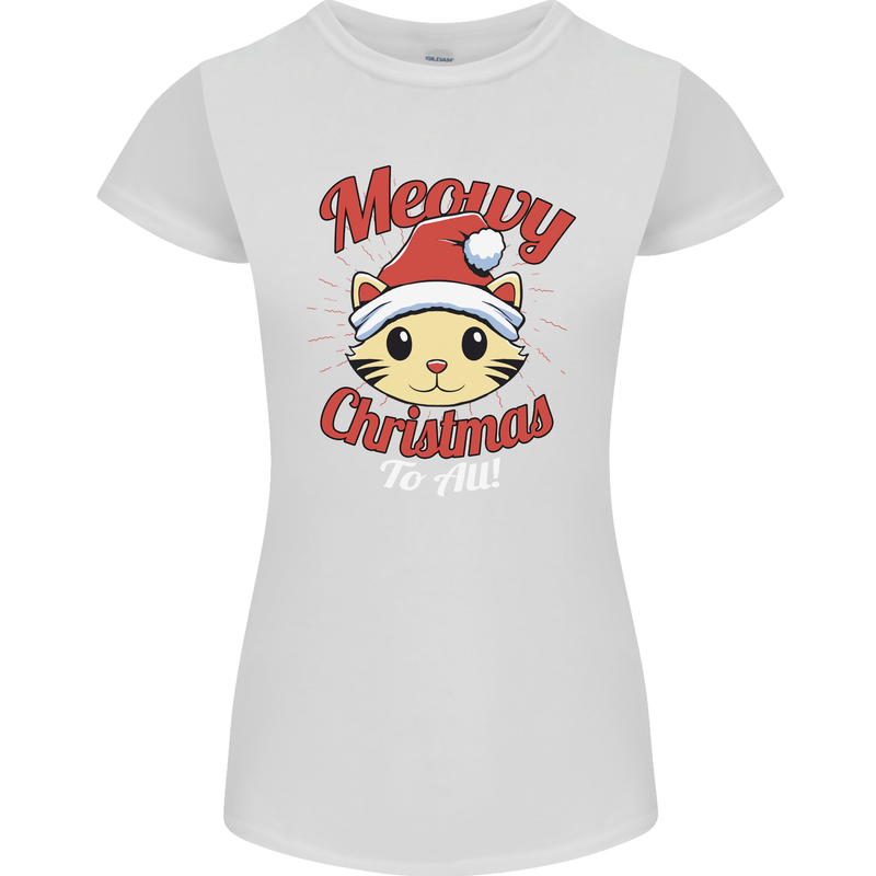 Christmas Cat Meowy Funny Christmas Womens Petite Cut T-Shirt White