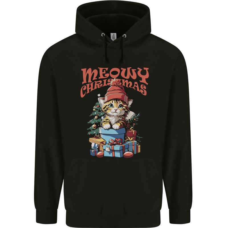 Christmas Cat Meowy Xmas Funny Childrens Kids Hoodie Black