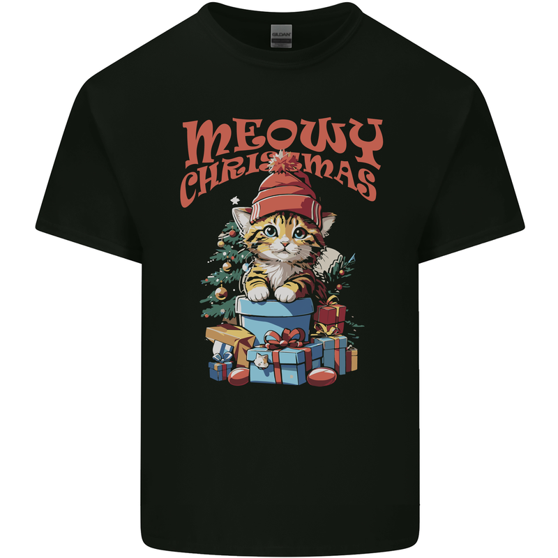Christmas Cat Meowy Xmas Funny Kids T-Shirt Childrens Black