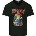 Christmas Cat Meowy Xmas Funny Mens V-Neck Cotton T-Shirt Black
