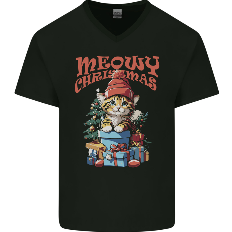 Christmas Cat Meowy Xmas Funny Mens V-Neck Cotton T-Shirt Black