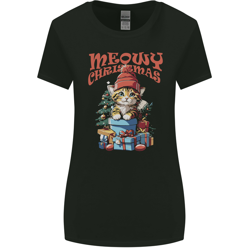 Christmas Cat Meowy Xmas Funny Womens Wider Cut T-Shirt Black