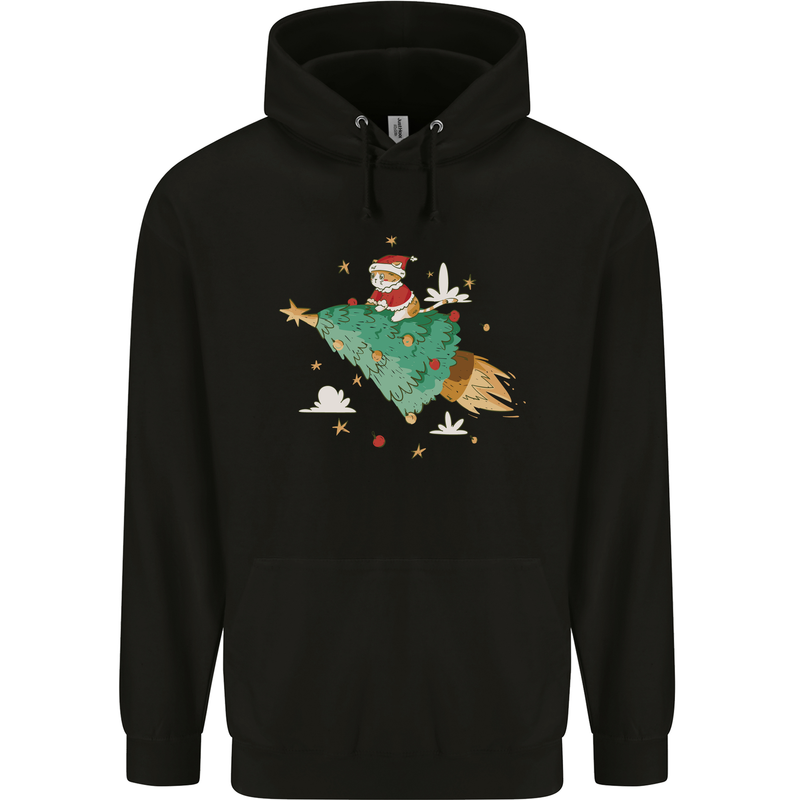 Christmas Cat Space Rocket Xmas Tree Ship Childrens Kids Hoodie Black
