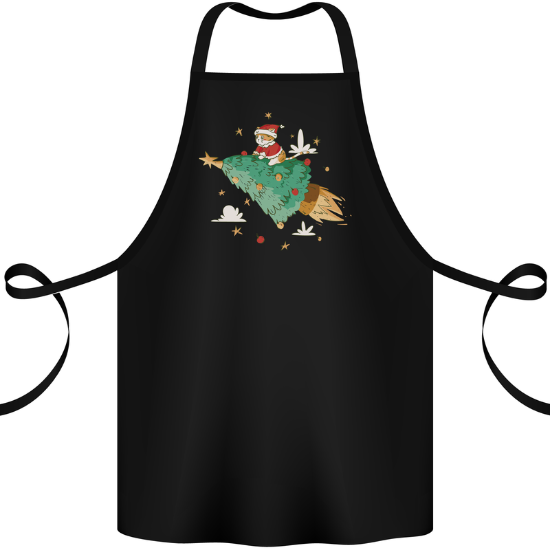 Christmas Cat Space Rocket Xmas Tree Ship Cotton Apron 100% Organic Black